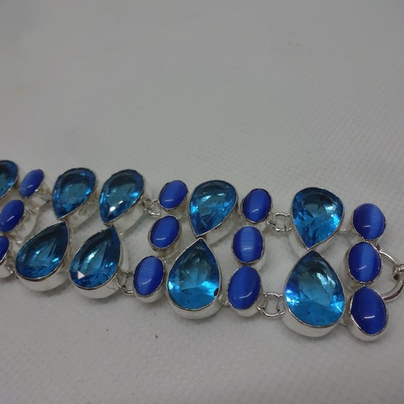 Stunning "BLUE TOPAZ & BLUE CATS EYE" Handmade Sterling Bracelet 8" #219A - Picture 3 of 3